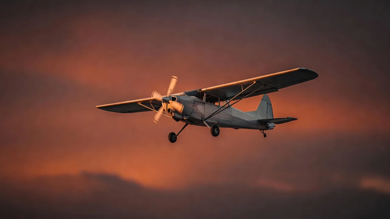 1win Aviator: como jogar o jogo do aviãozinho Avião pequeno de hélice voando em céu alaranjado de fim de tarde