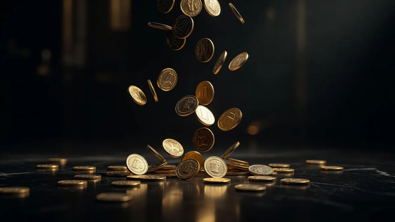 1win bônus: boas-vindas, cashback e promoções Moedas douradas caindo sobre superfície escura com brilho