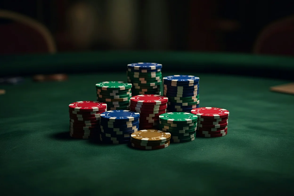 1win Casino: slots, roleta e jogos de mesa no Brasil Fichas de cassino coloridas empilhadas sobre mesa de feltro verde
