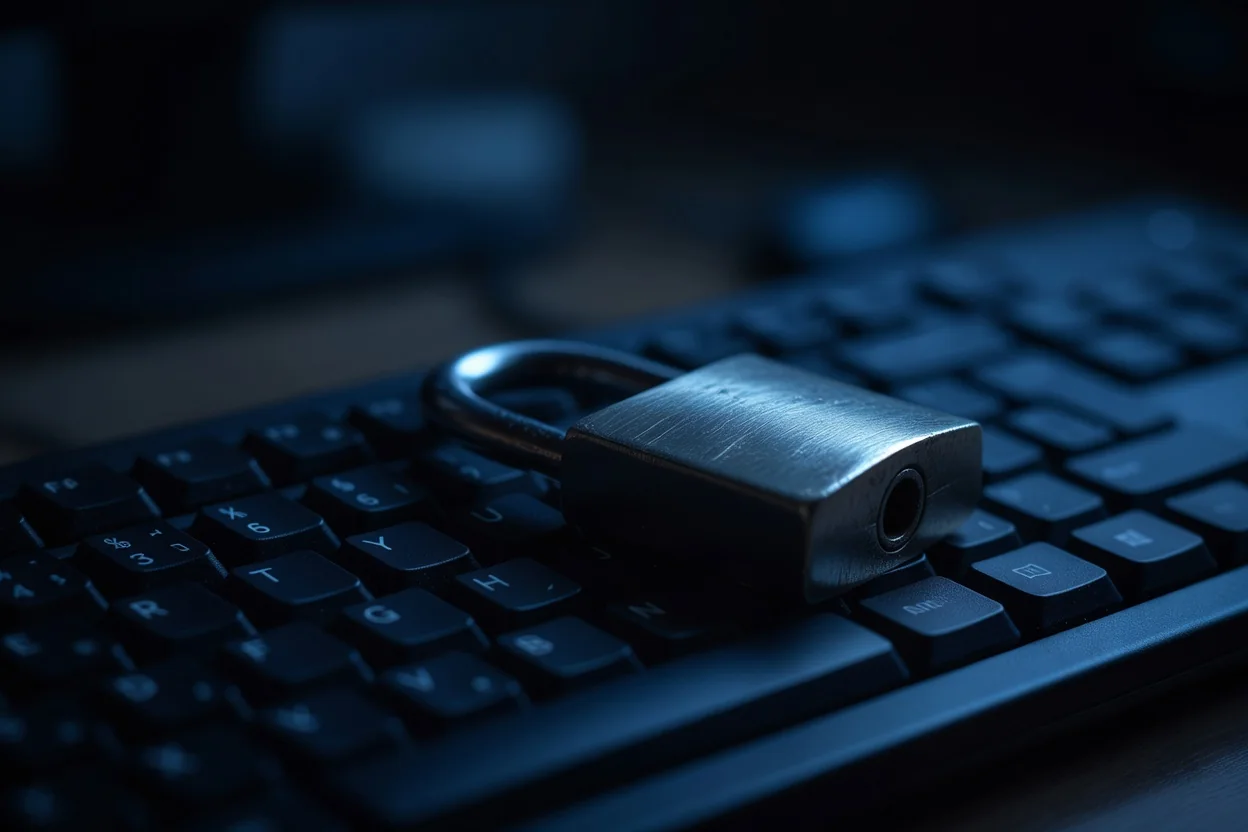 1win é confiável? Licença, reputação e segurança Cadeado metálico sobre teclado em luz azul escura