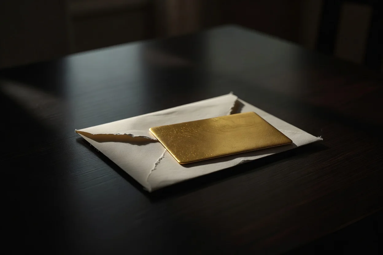Código promocional 1win: como funciona e onde encontrar Envelope aberto com cartão dourado sobre mesa escura