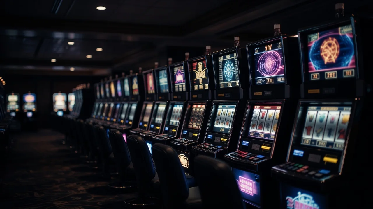 Slots no 1win: provedores, RTP e jackpots Fileira de máquinas caça-níqueis iluminadas em salão escuro